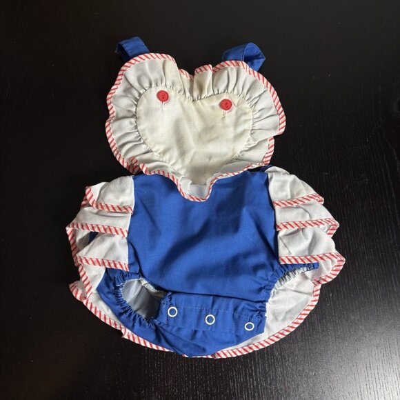 Vintage 80s Baby Girl Red White Blue One-Piece Bubble Sunsuit Romper Ruffles
